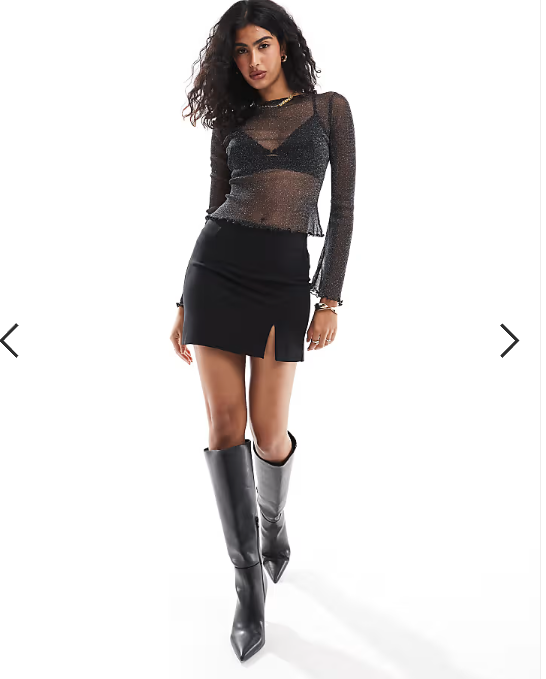 ASOS DESIGN glitter mesh sheer angel sleeve top in black