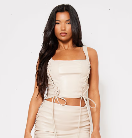 Premium Cream Faux Leather Lace Front Square Neck Corset