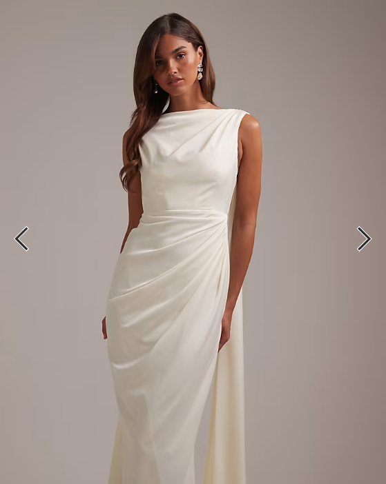 ASOS DESIGN slash neck wedding dress with draped back and scarf detail in ivory