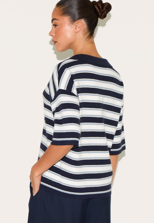 Black Stripe Soft Knit V Neck Collar Polo Top