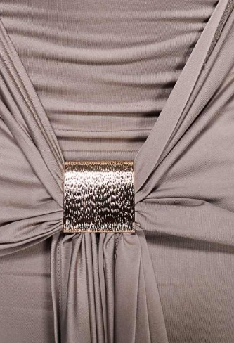 Aria Cove deep bardot gold hardware front drape detail maxi dress in beige