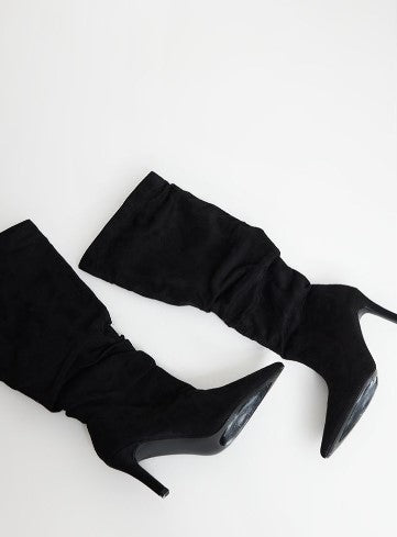 Black Burnished Faux Suede Ruched Mid High Heeled Knee Boots