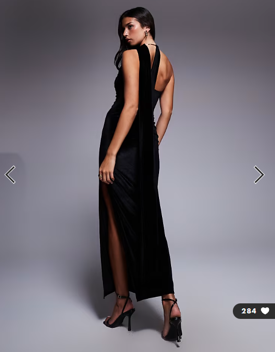 ASOS DESIGN halterneck velvet drape maxi dress with oversized gold-tone neck trim in black