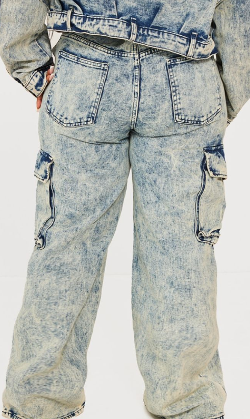 Plt - Plus Light Blue Acid Wash Pocket Detail Cargo Wide Leg Jeans