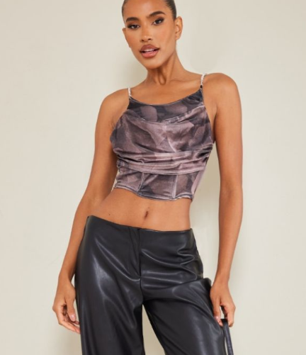 Brown Printed Velvet Diamante Strap Crop Corset