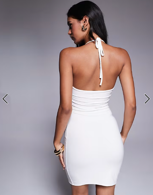 Fashionkilla double sculpted slinky lace trim wrap halterneck mini dress in white