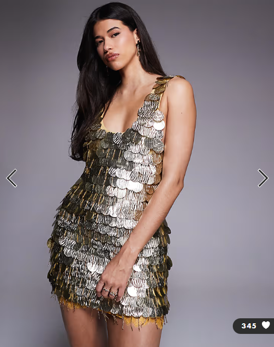 ASOS DESIGN disc embellished curved neckline shift dress with lace underlay in gold