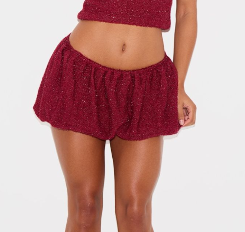 Wine Tinsel Knit Detail Puffball Skirt