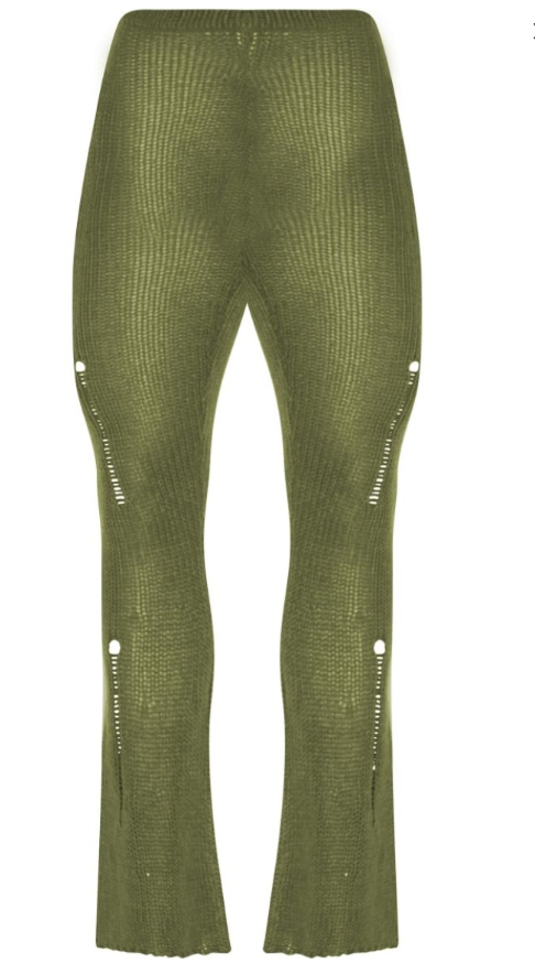 Khaki Distressed Knit Flare Trousers
