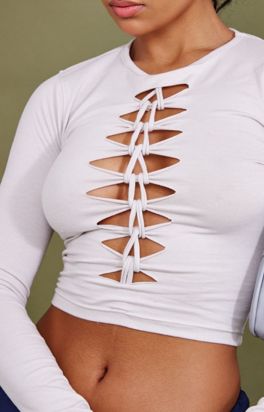 Stone Jersey Slit Knot Front Crop Top