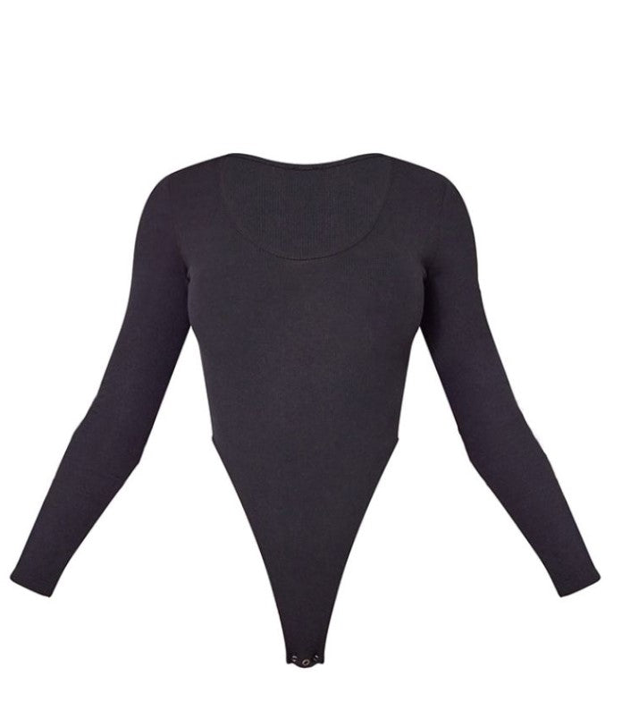 Recycled Basic Black Rib V Neck Long Sleeve Bodysuit