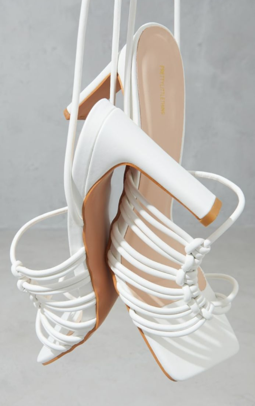 White PU Toe Loop Knot Side Detail Lace Up Flat Heeled Sandals