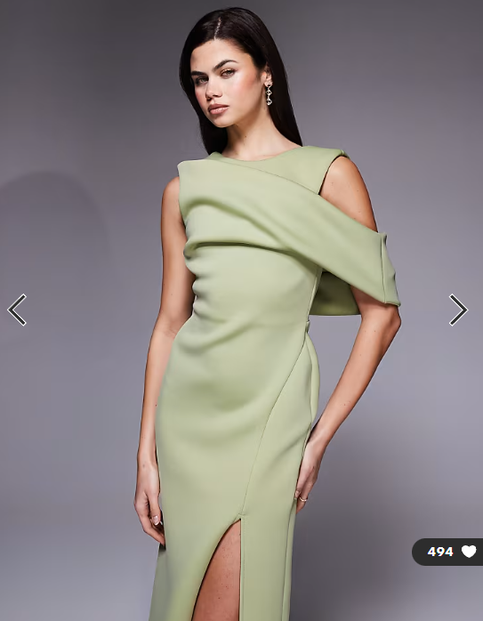 ASOS DESIGN drape cut out shoulder pencil dress in sage green scuba-style fabric