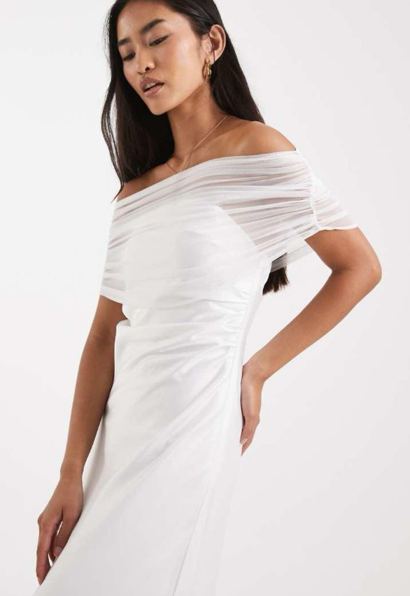 Six Stories - bridal off the shoulder mesh high low hem maxi dress