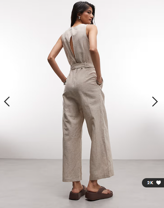 Monki linen sleeveless wide leg jumpsuit with tie belt detail in beige