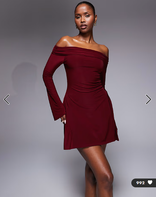 Kaiia exclusive double layered slinky bardot skater mini dress in burgundy