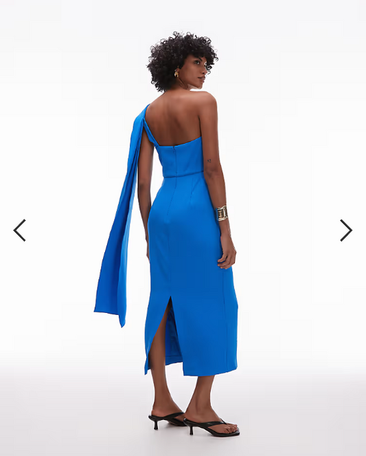 Mango one shoulder draped dress in cerulean blue