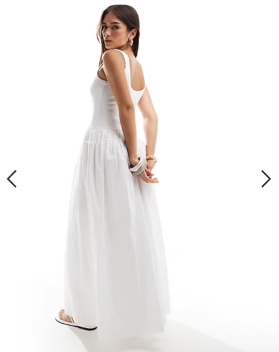 ASOS Design scoop button ribbed bodice with poplin skirt maxi in white