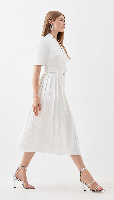 Petite Tailored Structured Crepe Forever Pleat Midi Dress