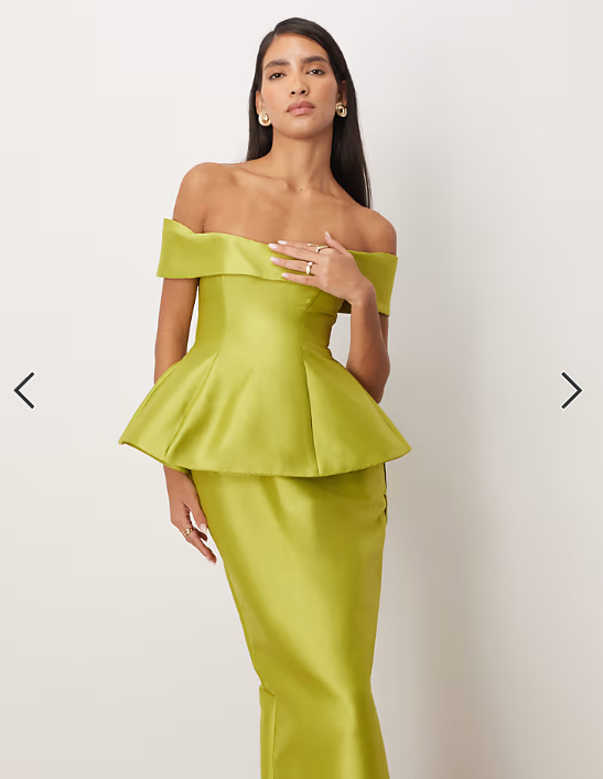 ARRANGE structured off the shoulder satin maxi dress in lime