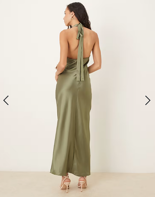 Gina Tricot - satin halterneck maxi dress in khaki