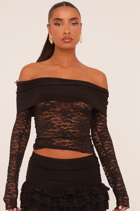 Slinky Fold Over Bardot Top In Black Lace