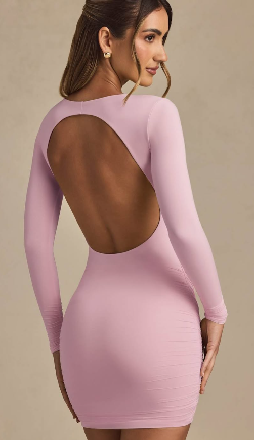 OhPolly-Modal Twist-Front Ruched Backless Mini Dress in Soft Pink