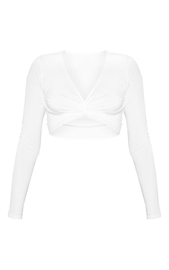 White Slinky Long Sleeve Twist Front Crop Top