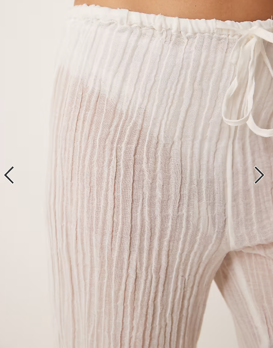 Mango ramie crinkle tie waist pants in white