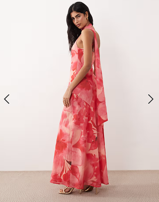 Pretty Lavish chiffon one shoulder scarf neck maxi dress in red floral