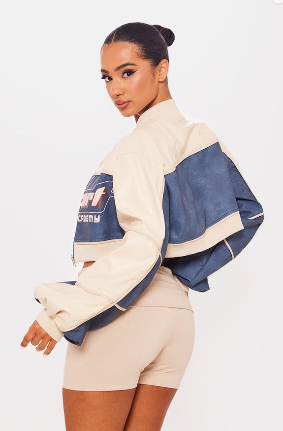 Petite Cream Pu Cropped Racer Jacket