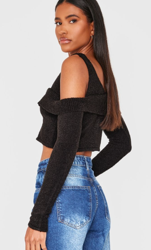 Black Boucle Knit Cold Shoulder Button Up Top