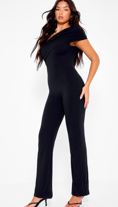 Black Double Layer Contour Jersey Asymmetric Ruched Detail Jumpsuit