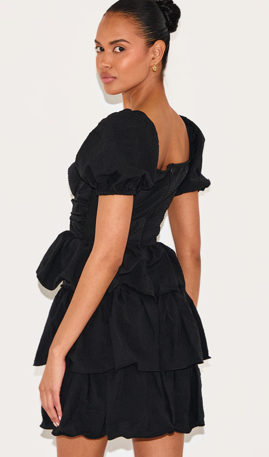 Black Crinkle Cup Detail Tiered Skirt Skater Dress