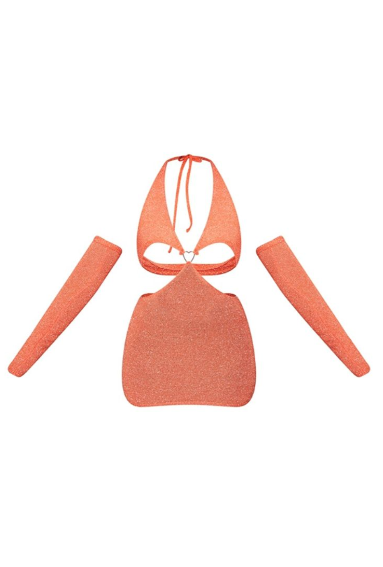 Orange Tinsel Knit Heart Trim Halter Neck Bodycon Dress & Sleeves