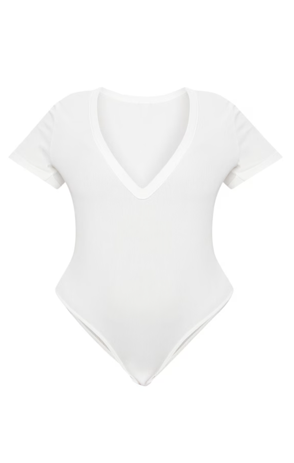 Plus White Ribbed Plunge Short Sleeve Bodysuit
