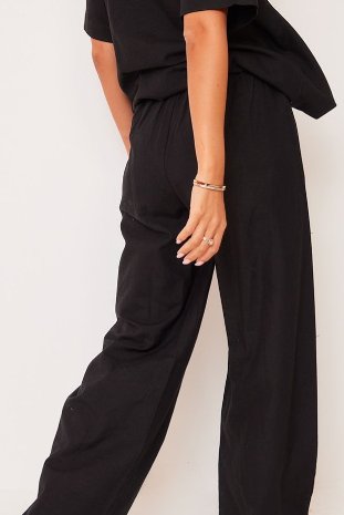 Black Linen Look Drawstring Extreme Wide Leg Trousers