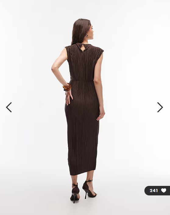 ASOS DESIGN plisse slash neck pencil midi dress with twist waist detail in chocolate