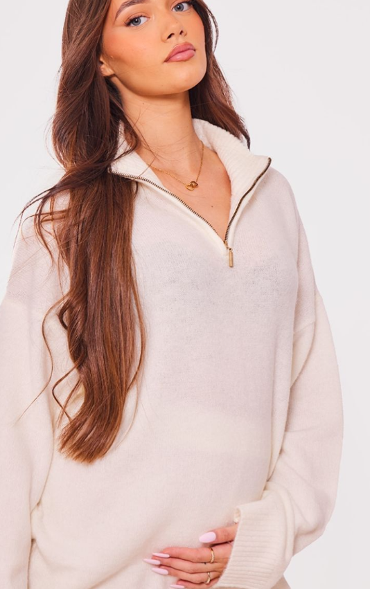 Maternity Oatmeal Knitted Slouchy Half Zip Jumper