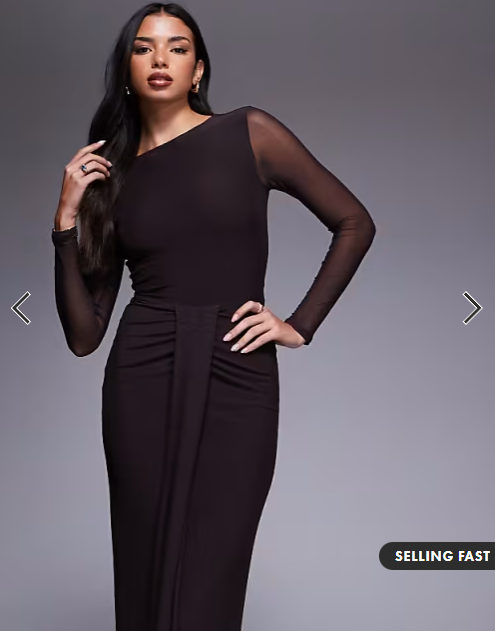 ASOS DESIGN mesh long sleeve slash neck open back maxi dress with sash in chocolate