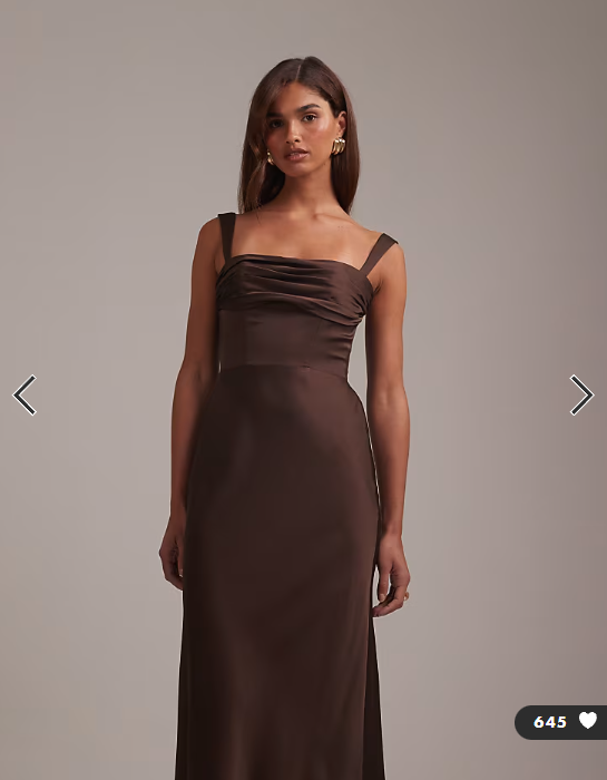 ASOS DESIGN bridesmaids satin draped bust maxi dress with column skirt in chocolate