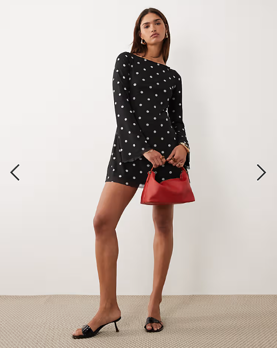 Princess Polly Lukea mesh flare sleeve open back mini dress in black polka