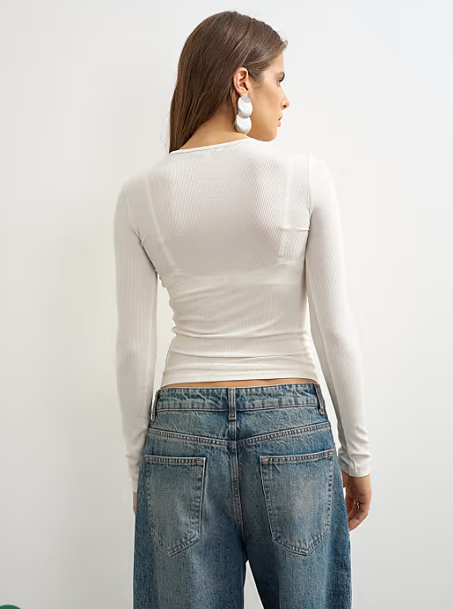 Premium rib long sleeve top in ecru