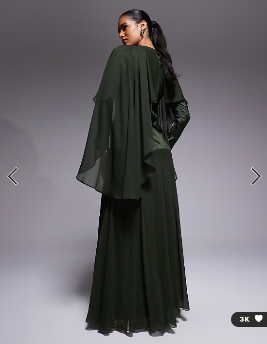 ASOS DESIGN cape detail ruffle chiffon satin mix maxi dress in dark green