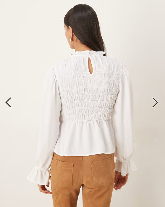 ASOS DESIGN high neck long sleeve smocked blouse in winter white