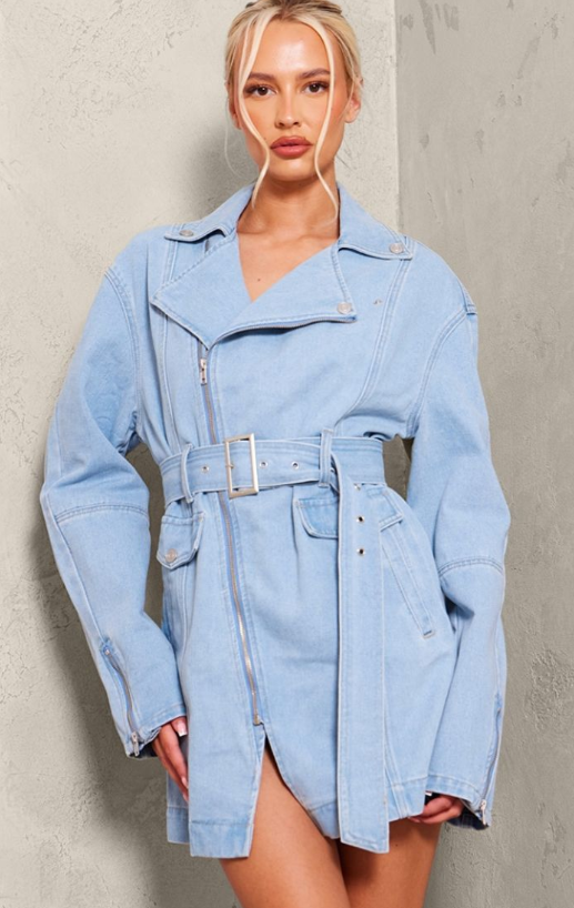 Plt - Tall Light Blue Wash Denim Long Sleeve Belted Biker Dress