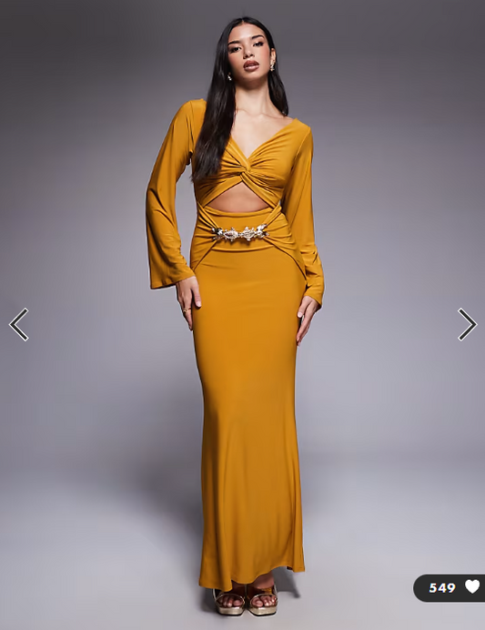 ASOS DESIGN long sleeve drape front maxi dress with gold fish trim in yellow