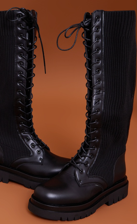 Black Pu Contrast Knitted Lace Up Knee Chunky Boots