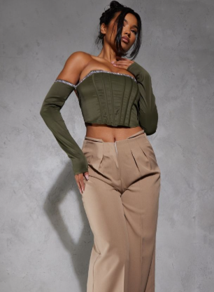 Khaki Woven Diamante Trim Bardot Long Sleeve Corset