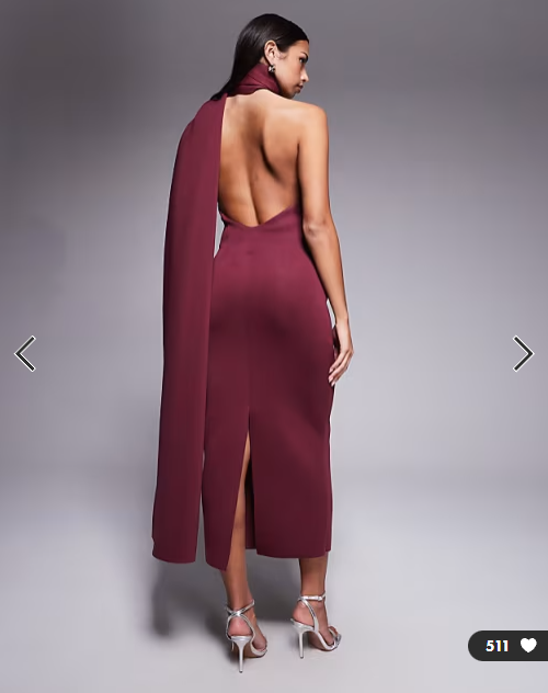 ASOS DESIGN draped scarf neck detail midi dress in burgundy scuba-style fabric